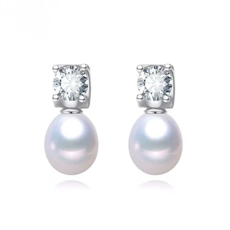 Cassie Lustré Freshwater Pearl Drop Earrings with Zircon in Sterling Silver