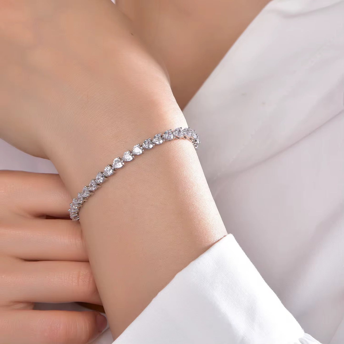 Jolie Bracelet Heart Tennis Style High Brilliance Stones in Sterling Silver