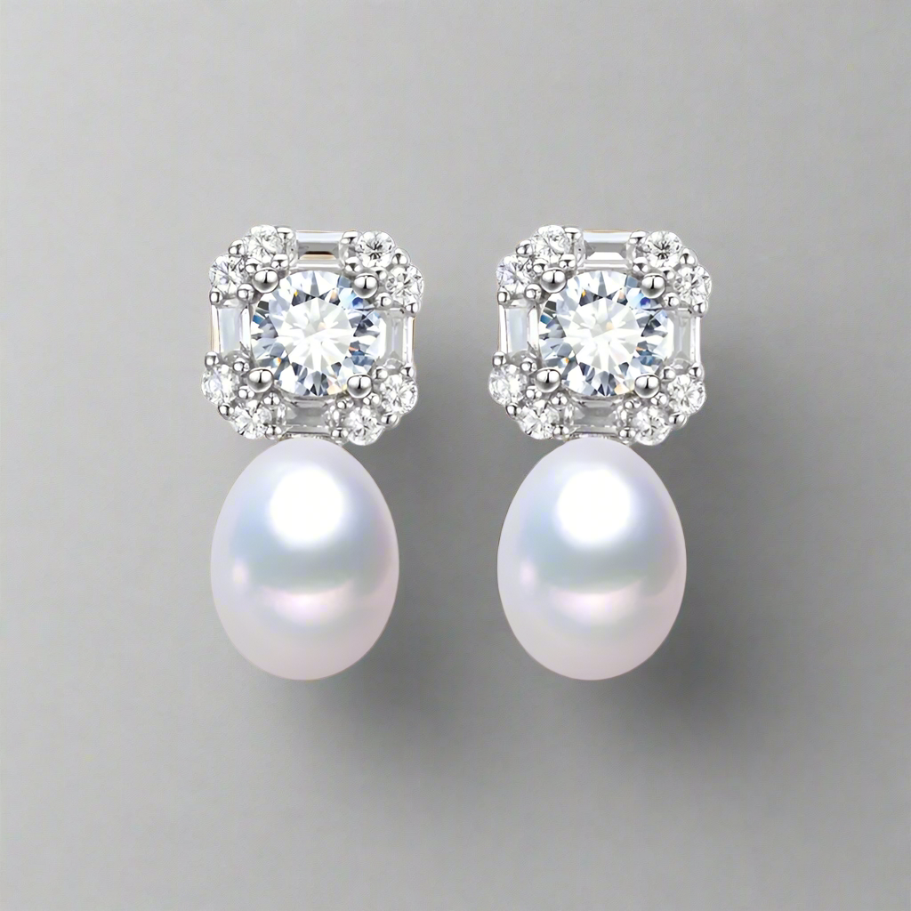 Tifany Freshwater Pearl & Zircon Cluster Earrings in Sterling Silve