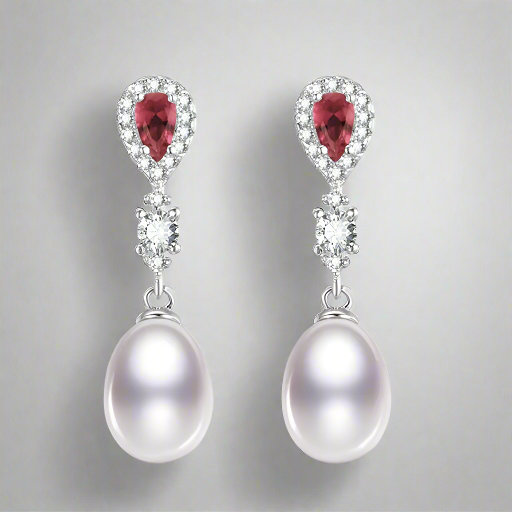 Rose Royale Freshwater Pearl & Ruby Zircon Earrings in Sterling Silver