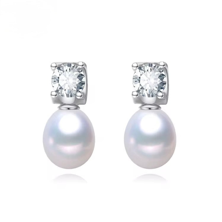 Cassie Lustré Freshwater Pearl Drop Earrings with Zircon in Sterling Silver - Image 1