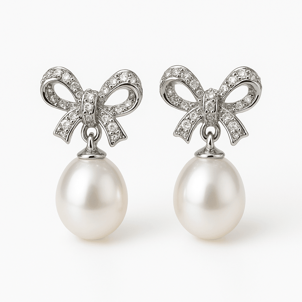 Kelly Freshwater Pearl & Zircon Bow Earrings in Sterling Silver - Image 1