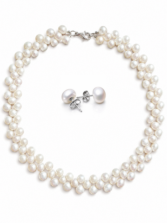Parure classique de perles d'eau douce Blanche en argent sterling