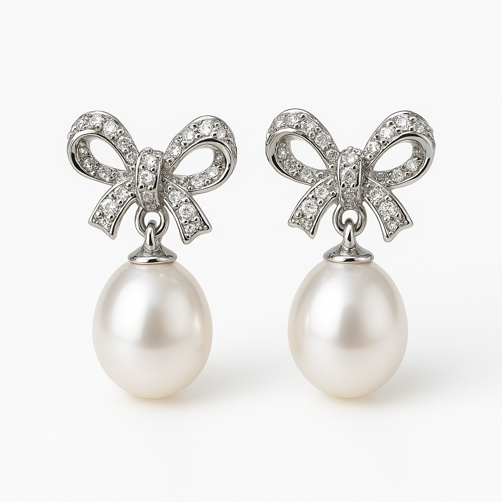 Kelly Freshwater Pearl & Zircon Bow Earrings in Sterling Silver