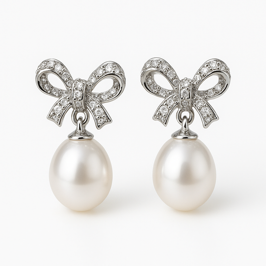 Kelly Freshwater Pearl & Zircon Bow Earrings in Sterling Silver