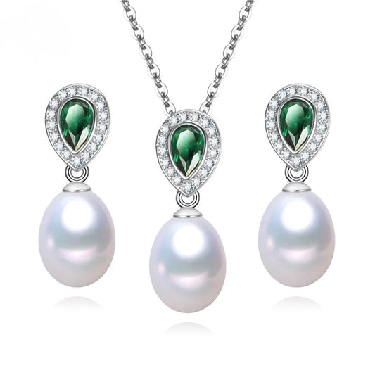 Laurena Freshwater Pearl and Zircon Sterling Silver Jewelry Set - Hypoallergenic, Elegant