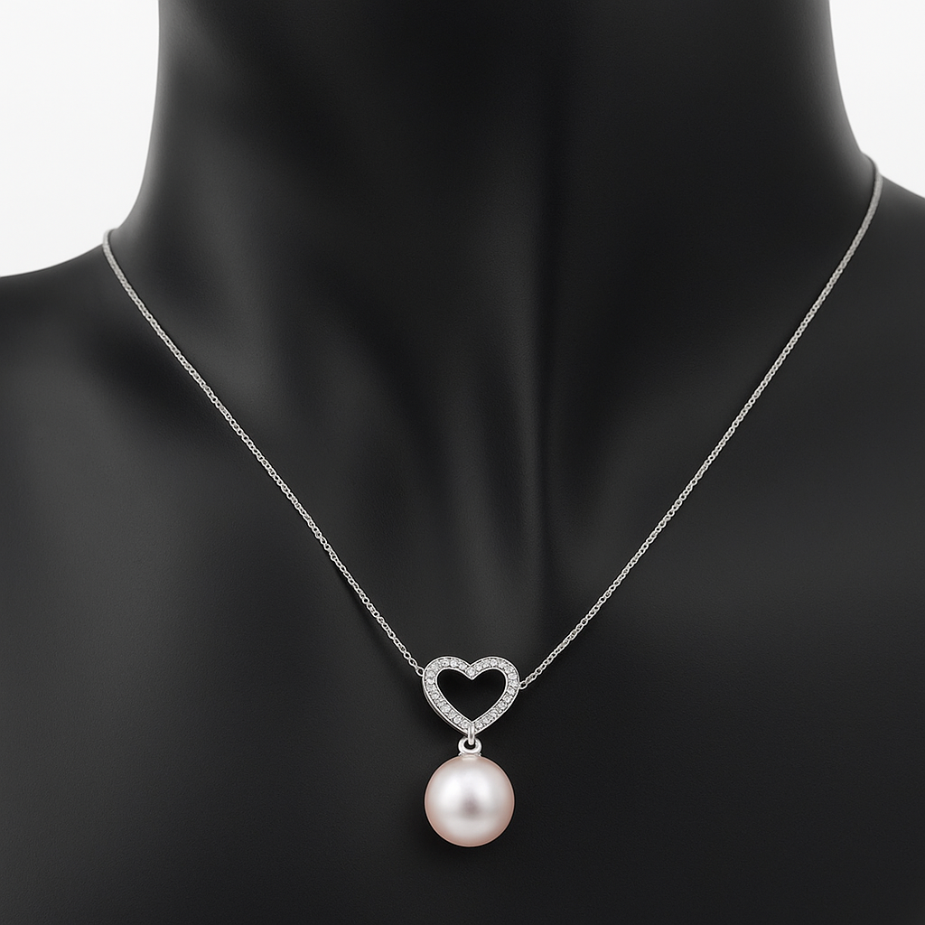 Kiara Lustré Heart Zircon & Freshwater Pearl Necklace in Sterling Silver