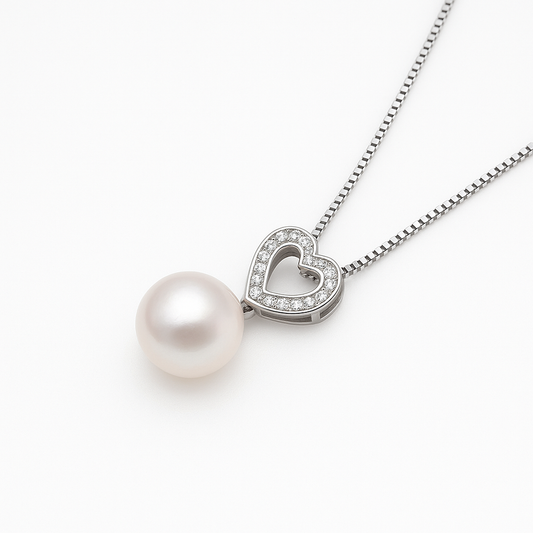 Kiara Lustré Heart Zircon & Freshwater Pearl Necklace in Sterling Silver